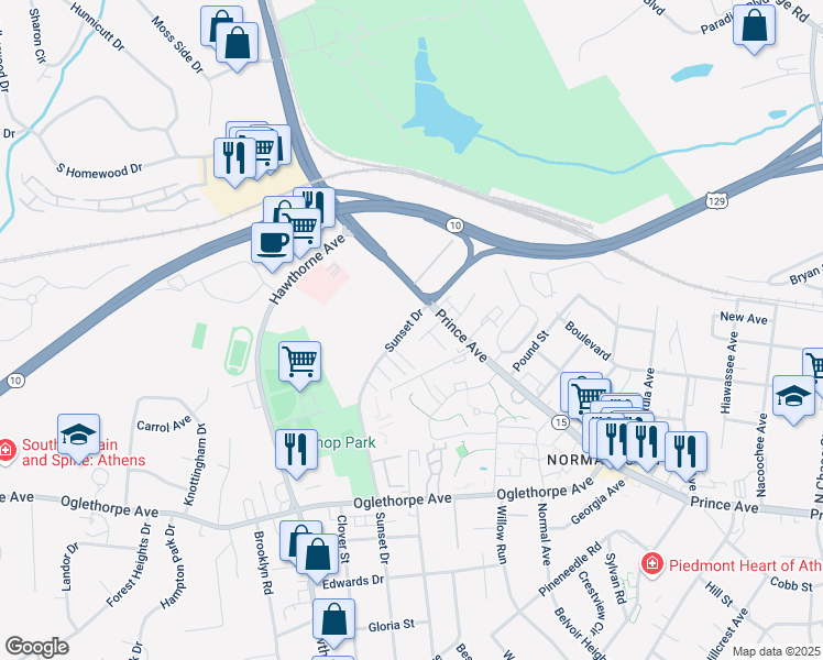 map of restaurants, bars, coffee shops, grocery stores, and more near 880 Sunset Drive in Athens