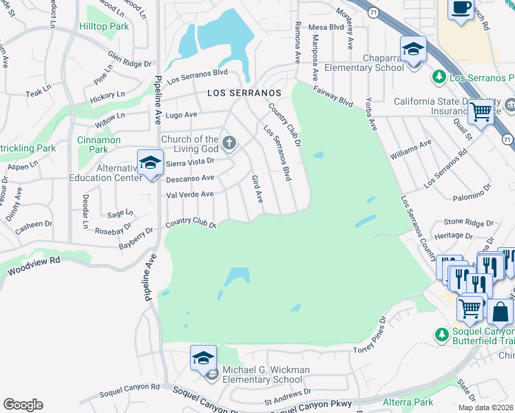 map of restaurants, bars, coffee shops, grocery stores, and more near 4397 Gird Avenue in Chino Hills