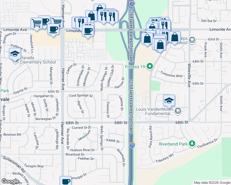 map of restaurants, bars, coffee shops, grocery stores, and more near 6632 Leanne Street in Eastvale