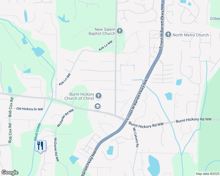 map of restaurants, bars, coffee shops, grocery stores, and more near 2358 New Salem Trace in Marietta