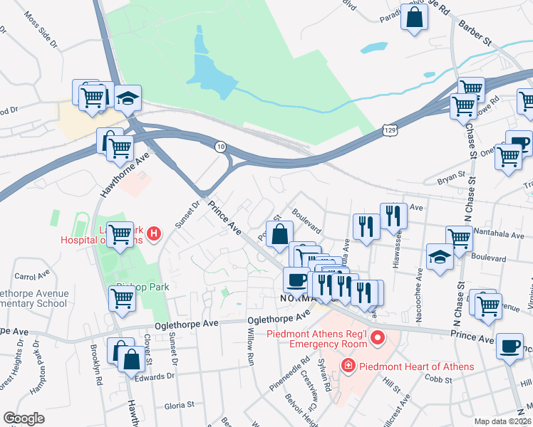 map of restaurants, bars, coffee shops, grocery stores, and more near 120 Sylvia Circle in Athens