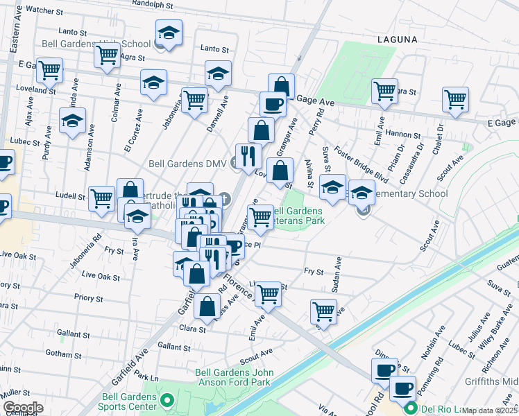 map of restaurants, bars, coffee shops, grocery stores, and more near 7010 Granger Avenue in Bell Gardens