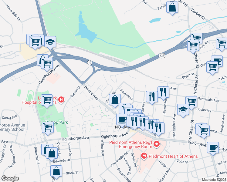 map of restaurants, bars, coffee shops, grocery stores, and more near 120 Sylvia Circle in Athens