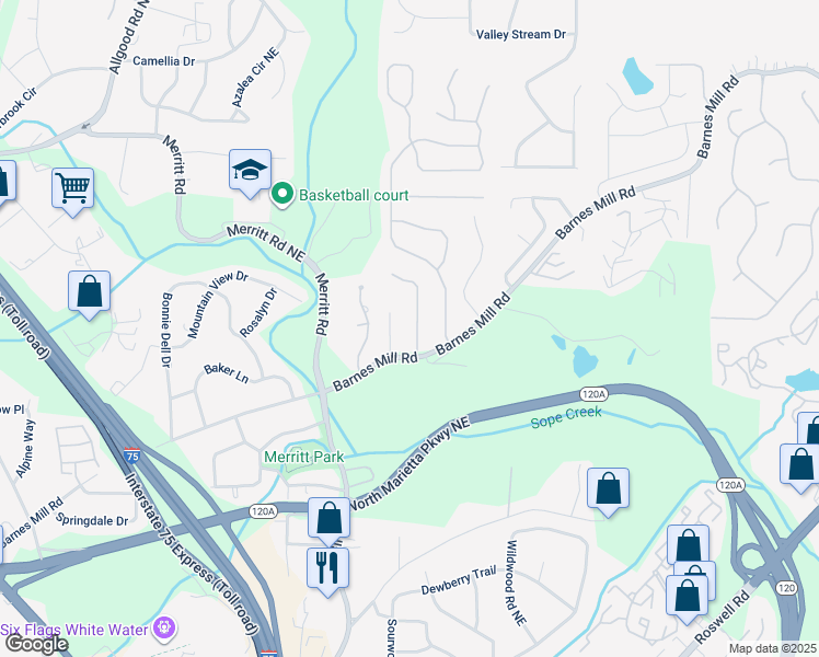 map of restaurants, bars, coffee shops, grocery stores, and more near 647 Coventry Township Lane in Marietta