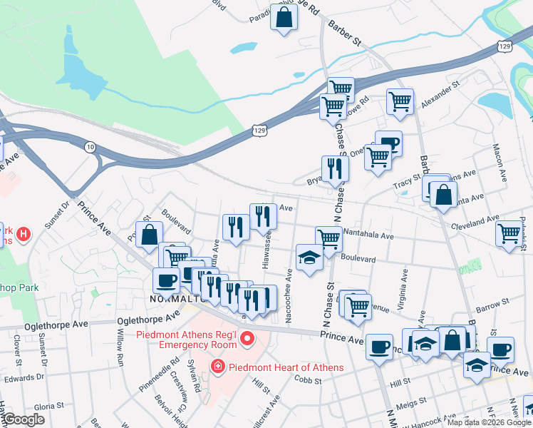 map of restaurants, bars, coffee shops, grocery stores, and more near 295 Hiawassee Avenue in Athens