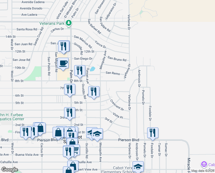 map of restaurants, bars, coffee shops, grocery stores, and more near 11190 Mesquite Avenue in Desert Hot Springs
