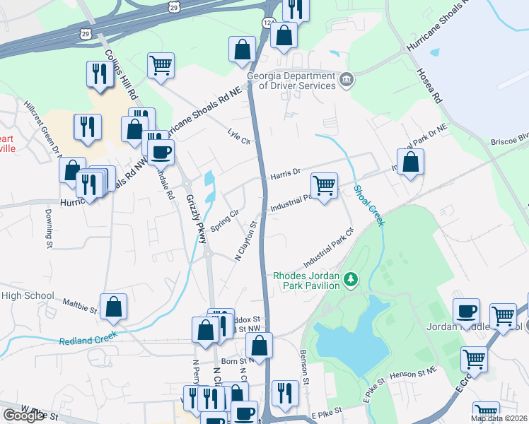 map of restaurants, bars, coffee shops, grocery stores, and more near 374 Buford Drive in Lawrenceville