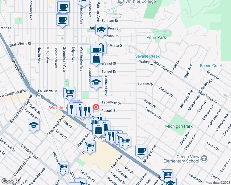 map of restaurants, bars, coffee shops, grocery stores, and more near 13608 La Cuarta Street in Whittier