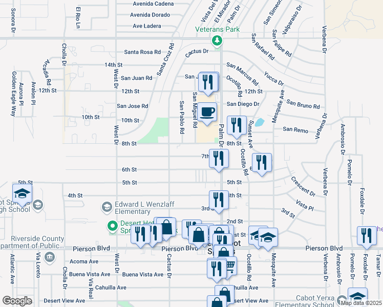 map of restaurants, bars, coffee shops, grocery stores, and more near 66375 7th Street in Desert Hot Springs