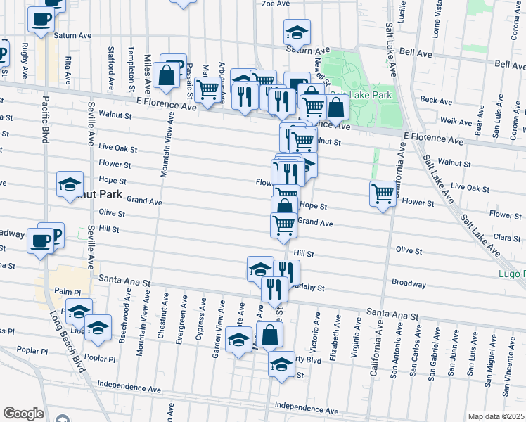 map of restaurants, bars, coffee shops, grocery stores, and more near 3156 Grand Avenue in Huntington Park