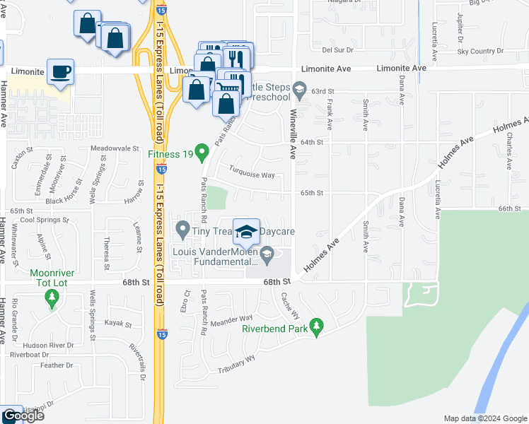 map of restaurants, bars, coffee shops, grocery stores, and more near 6605 Ametrine Court in Jurupa Valley