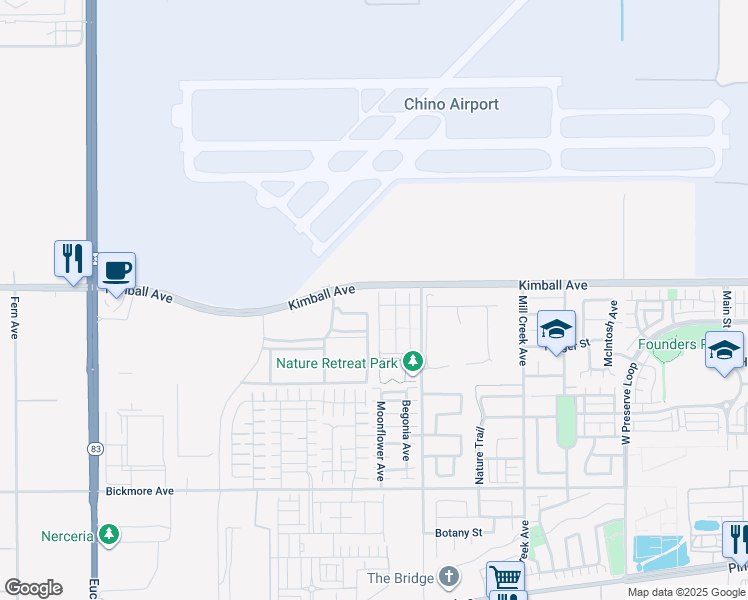 map of restaurants, bars, coffee shops, grocery stores, and more near 15730 Moonflower Avenue in Chino