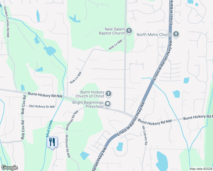 map of restaurants, bars, coffee shops, grocery stores, and more near 2390 New Salem Trace in Marietta