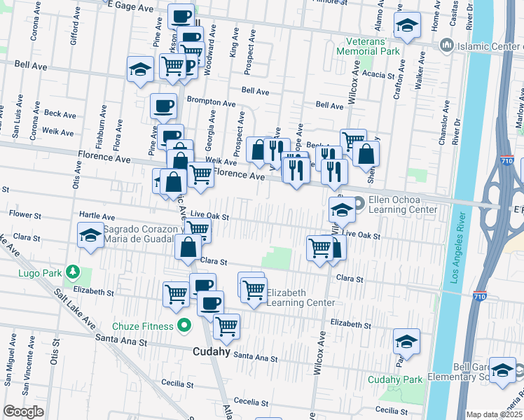 map of restaurants, bars, coffee shops, grocery stores, and more near 4805 Live Oak Street in Bell Gardens