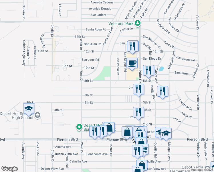 map of restaurants, bars, coffee shops, grocery stores, and more near 66212 7th Street in Desert Hot Springs