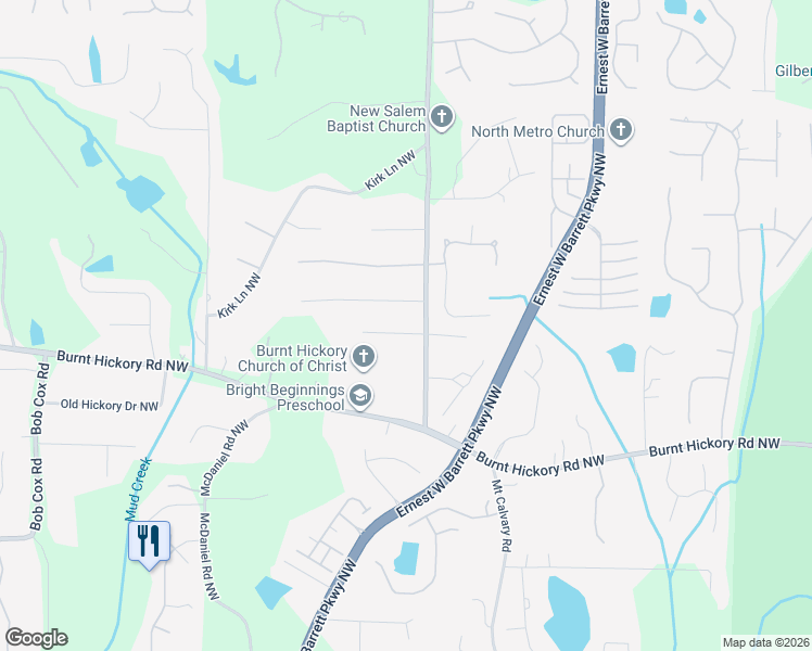 map of restaurants, bars, coffee shops, grocery stores, and more near 2358 New Salem Trace in Marietta