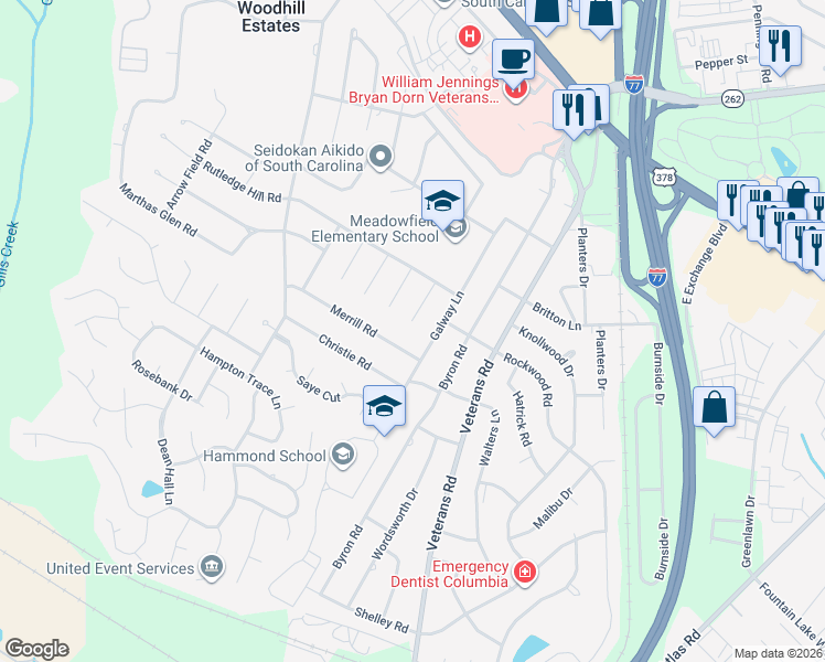 map of restaurants, bars, coffee shops, grocery stores, and more near 6619 Merrill Road in Columbia