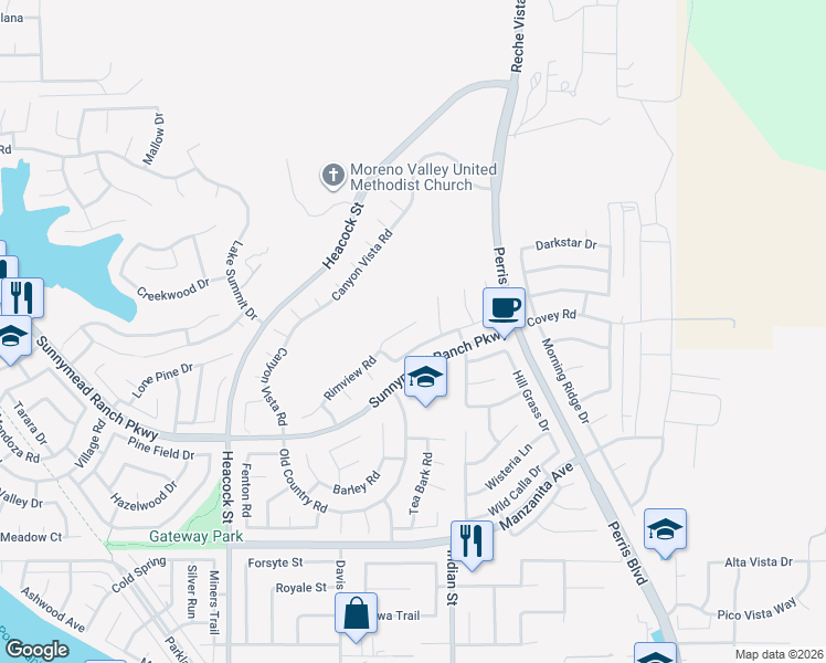 map of restaurants, bars, coffee shops, grocery stores, and more near 24421 Rimview Road in Moreno Valley