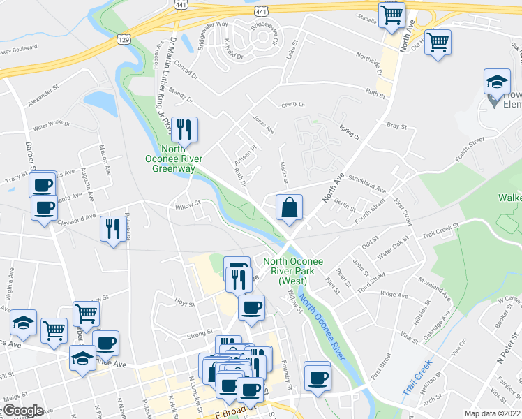 map of restaurants, bars, coffee shops, grocery stores, and more near 1030 Doctor Martin Luther King Parkway in Athens