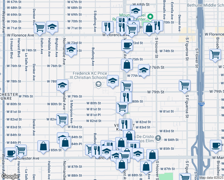 map of restaurants, bars, coffee shops, grocery stores, and more near 1034 West 79th Street in Los Angeles