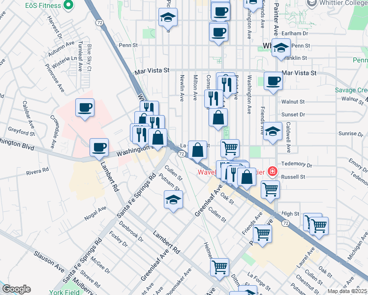 map of restaurants, bars, coffee shops, grocery stores, and more near 12615 El Camino Real in Whittier