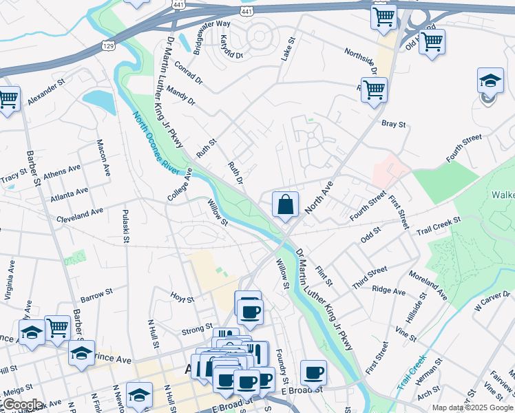 map of restaurants, bars, coffee shops, grocery stores, and more near 972 Doctor Martin Luther King Parkway in Athens