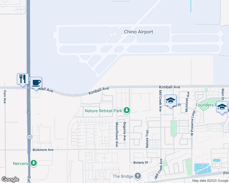 map of restaurants, bars, coffee shops, grocery stores, and more near 15730 Moonflower Avenue in Chino