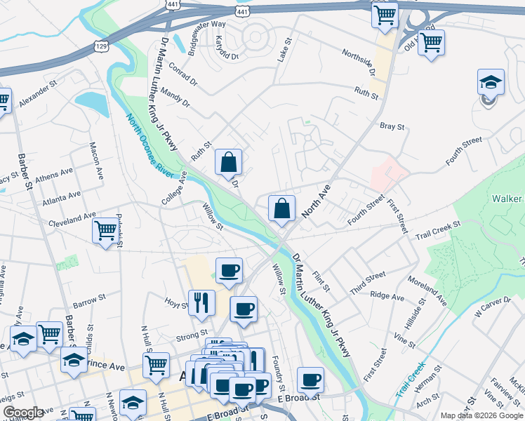 map of restaurants, bars, coffee shops, grocery stores, and more near 876 Doctor Martin Luther King Junior Parkway in Athens
