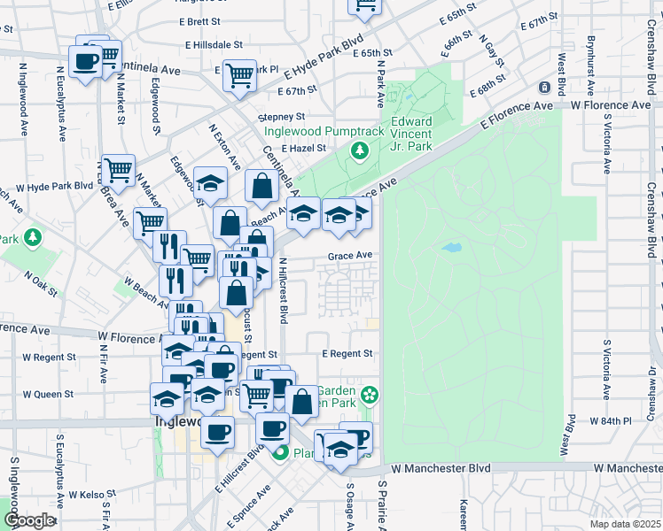 map of restaurants, bars, coffee shops, grocery stores, and more near 605 Daniel Freeman Circle in Inglewood