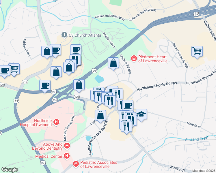 map of restaurants, bars, coffee shops, grocery stores, and more near 455 Philip Boulevard in Lawrenceville