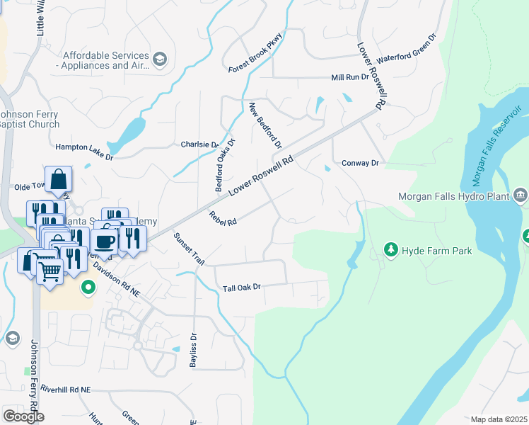 map of restaurants, bars, coffee shops, grocery stores, and more near 5242 Rebel Road in Marietta
