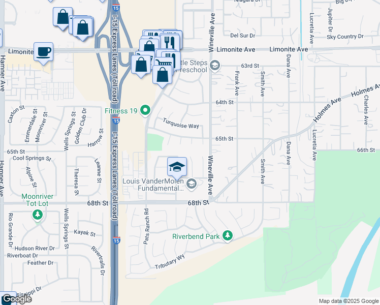 map of restaurants, bars, coffee shops, grocery stores, and more near 6605 Ametrine Court in Jurupa Valley