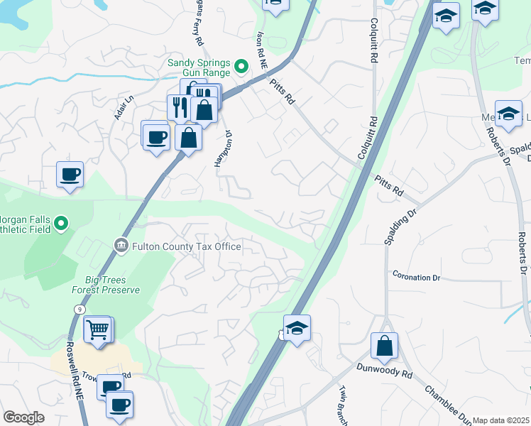 map of restaurants, bars, coffee shops, grocery stores, and more near 1610 Wingate Way in Sandy Springs