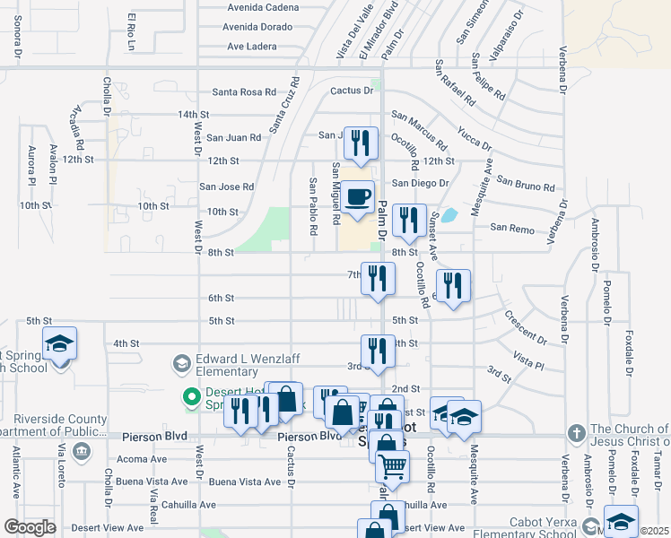 map of restaurants, bars, coffee shops, grocery stores, and more near in Desert Hot Springs