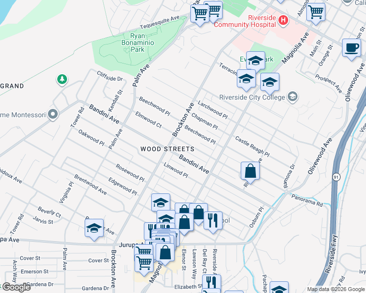 map of restaurants, bars, coffee shops, grocery stores, and more near 3956 Elmwood Court in Riverside