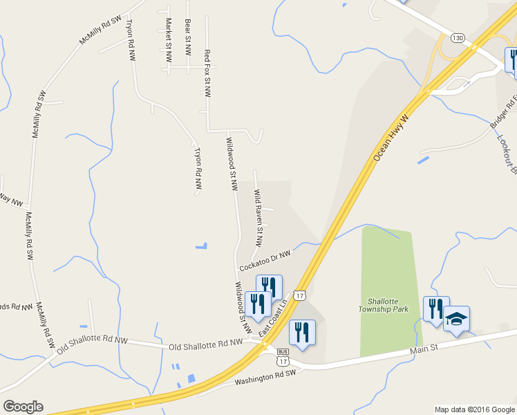 map of restaurants, bars, coffee shops, grocery stores, and more near Lady Bug Drive in Shallotte