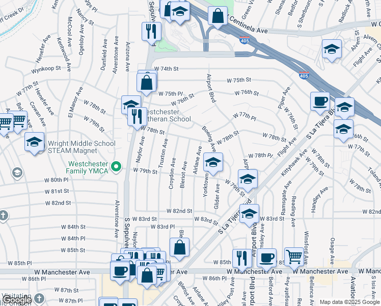 map of restaurants, bars, coffee shops, grocery stores, and more near 7832 Bleriot Avenue in Los Angeles