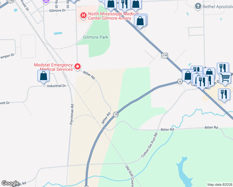 map of restaurants, bars, coffee shops, grocery stores, and more near 60036 Ritter Road in Amory