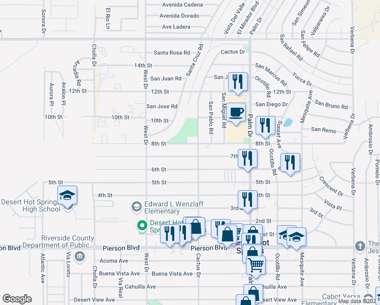 map of restaurants, bars, coffee shops, grocery stores, and more near 66212 7th Street in Desert Hot Springs