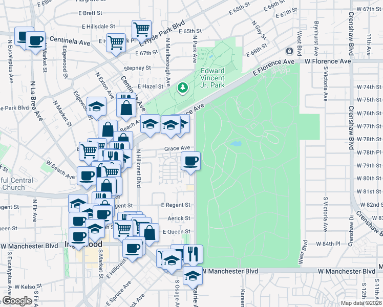 map of restaurants, bars, coffee shops, grocery stores, and more near in Inglewood