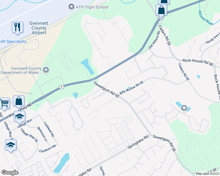 map of restaurants, bars, coffee shops, grocery stores, and more near 82 Sweetgum Road Southeast in Lawrenceville