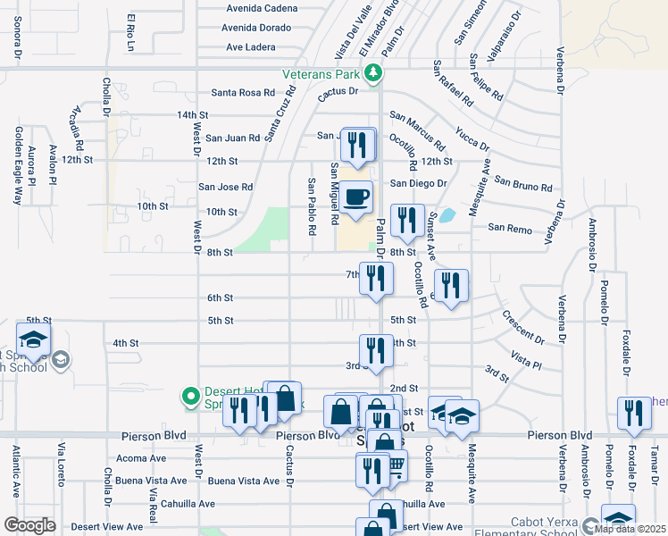 map of restaurants, bars, coffee shops, grocery stores, and more near 66375 7th Street in Desert Hot Springs