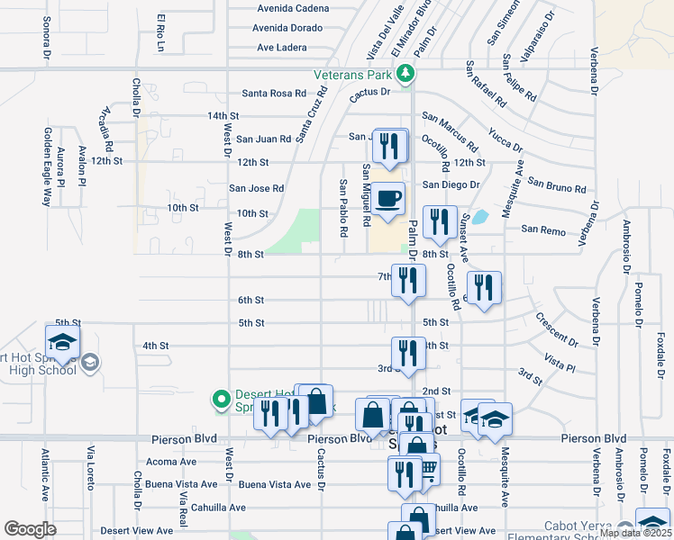 map of restaurants, bars, coffee shops, grocery stores, and more near 66289 7th Street in Desert Hot Springs