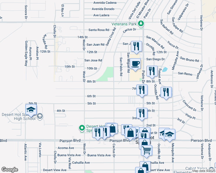 map of restaurants, bars, coffee shops, grocery stores, and more near in Desert Hot Springs
