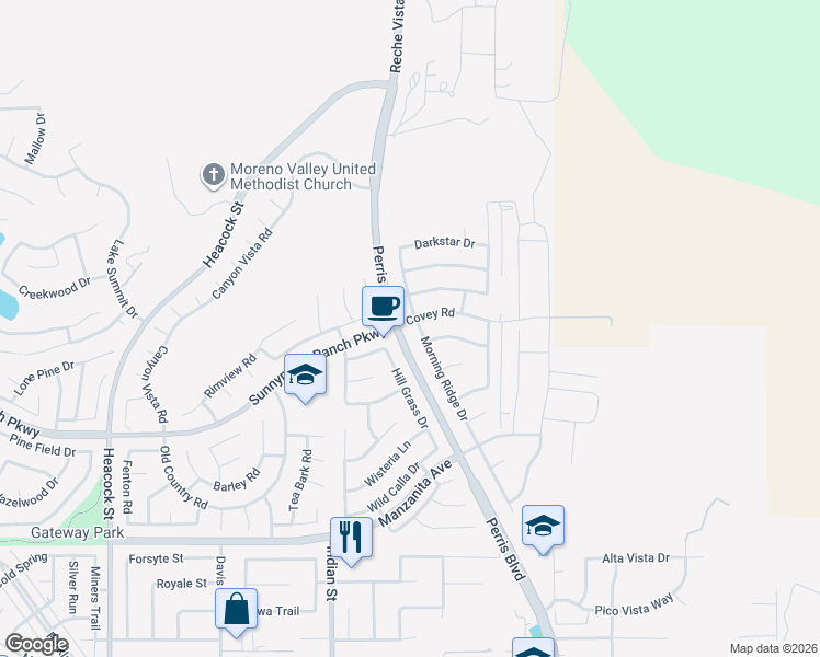 map of restaurants, bars, coffee shops, grocery stores, and more near 24616 Meadow Grass Way in Moreno Valley