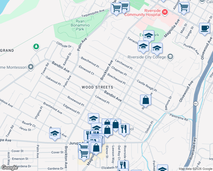 map of restaurants, bars, coffee shops, grocery stores, and more near 3956 Elmwood Court in Riverside