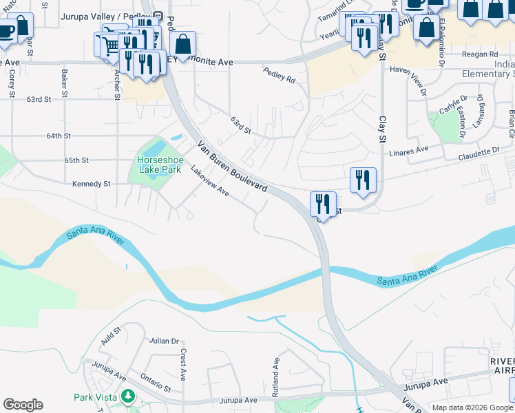 map of restaurants, bars, coffee shops, grocery stores, and more near 6758-6798 Pedley Rd in Riverside