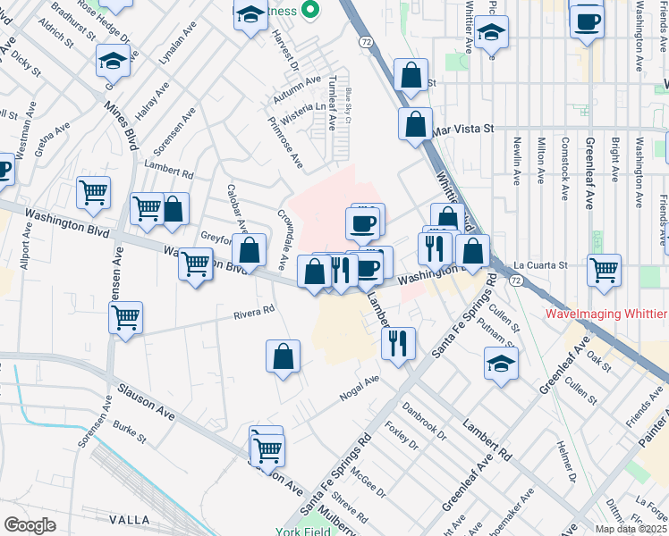 map of restaurants, bars, coffee shops, grocery stores, and more near 12393 Washington Boulevard in Whittier