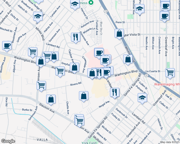 map of restaurants, bars, coffee shops, grocery stores, and more near 12219 Washington Boulevard in Whittier