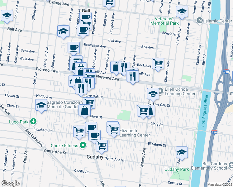map of restaurants, bars, coffee shops, grocery stores, and more near 4720 Live Oak Street in Bell Gardens